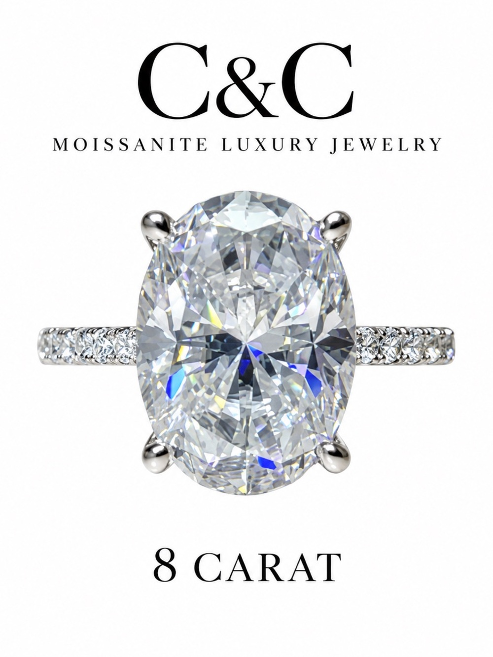 C.C Platinum-Tone Oval Moissanite Ring with Pavé Band — White Stone
